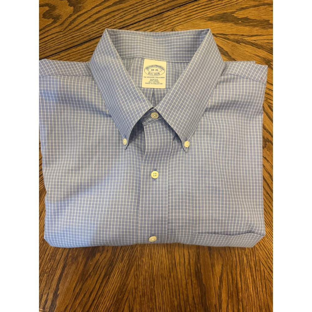 Brooks Brothers Mens 18-35 Slim Fit Non-Iron Blue Check Button Down Dress Shirt - Picture 5 of 5